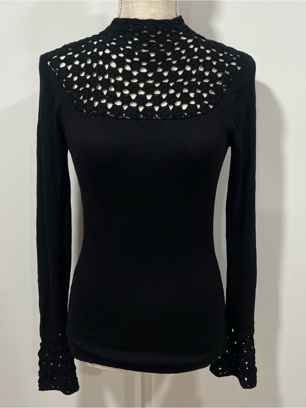 Boston Proper Black Crochet Long Sleeve Top